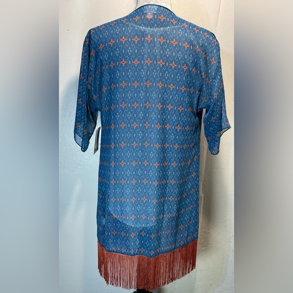 #0229 NWT LuLaRoe Blue & Orange Aztec Kimono w/ Bottom Fringe-S - Picture 2 of 7
